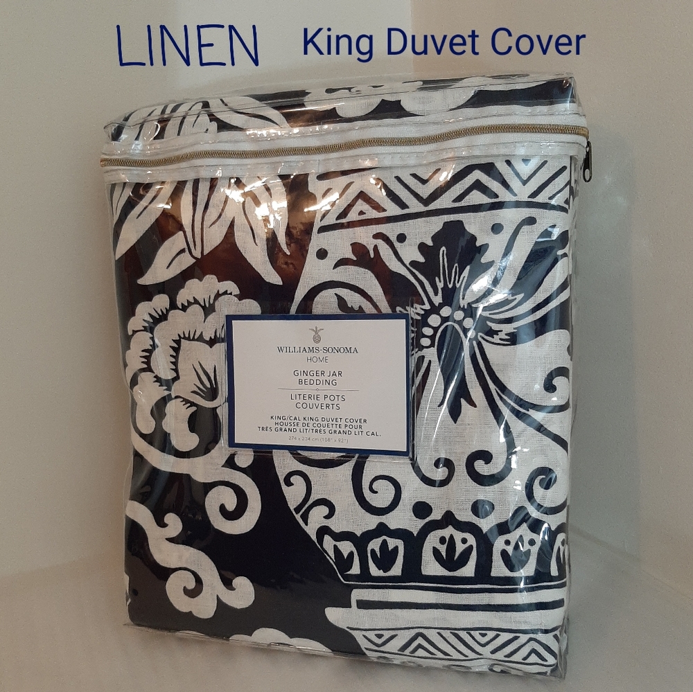 Williams Sonoma Ginger Jar Linen King Duvet Cover Navy and White (No sham)